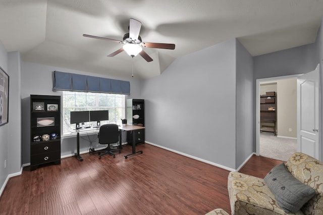 20530 Saddleback Chase Ln, Cypress, TX 77433 - office space featuring a ceiling fan, vaulted ceiling, wood finished floors, and baseboards