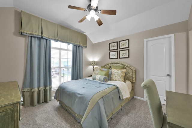 20530 Saddleback Chase Ln, Cypress, TX 77433 - bedroom featuring light colored carpet, vaulted ceiling, ceiling fan, and baseboards