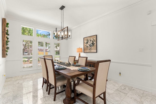 2623 Old S Dr, Richmond, TX 77406 - dining room featuring light marble finish floors, baseboards, a chandelier, and ornamental molding