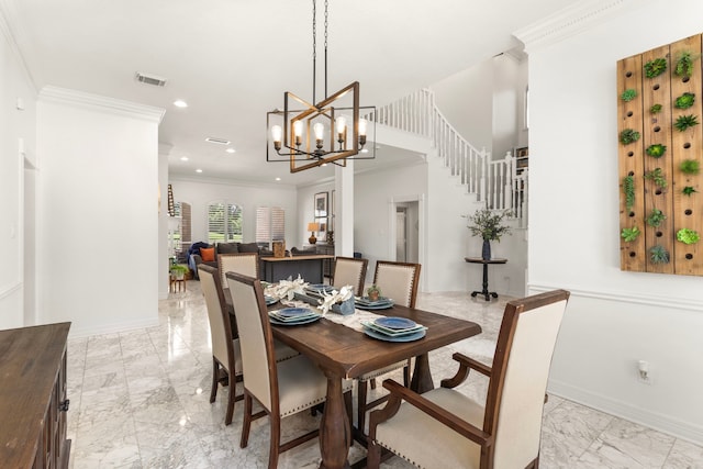 2623 Old S Dr, Richmond, TX 77406 - dining area with light marble finish flooring, recessed lighting, ornamental molding, baseboards, and stairs