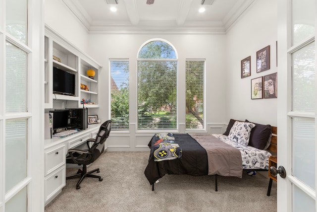 2623 Old S Dr, Richmond, TX 77406 - bedroom featuring crown molding, light colored carpet, beam ceiling, a wainscoted wall, and a decorative wall