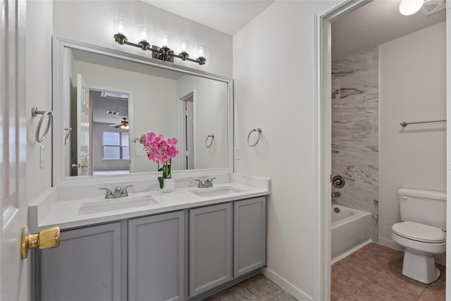 19126 Edens Dawn Dr, Tomball, TX 77375 - bathroom with double vanity, toilet, shower / bath combination, a ceiling fan, and tile patterned floors