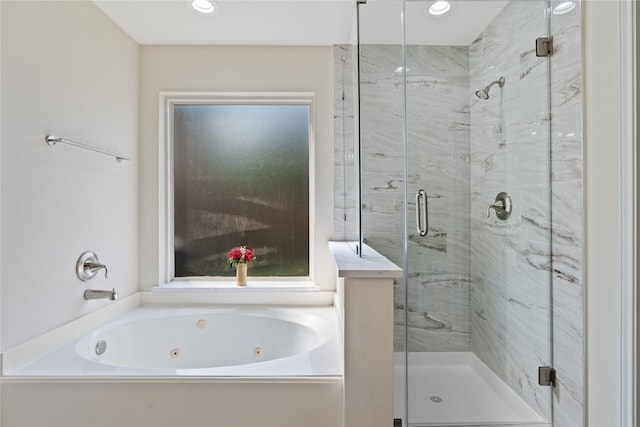 19126 Edens Dawn Dr, Tomball, TX 77375 - bathroom with a whirlpool tub, a shower stall, and recessed lighting