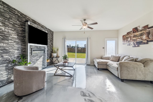 15203 Albert Oak Dr, Humble, TX 77396 - living area featuring a ceiling fan and a fireplace