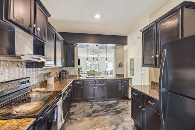 15203 Albert Oak Dr, Humble, TX 77396 - kitchen with black appliances, extractor fan, a sink, dark stone countertops, and tasteful backsplash