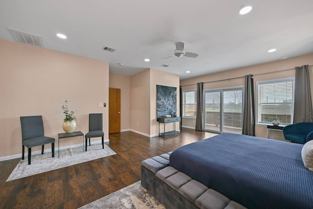 2402 Pine St, Galveston, TX 77551 - bedroom featuring wood finished floors, baseboards, access to outside, recessed lighting, and ceiling fan