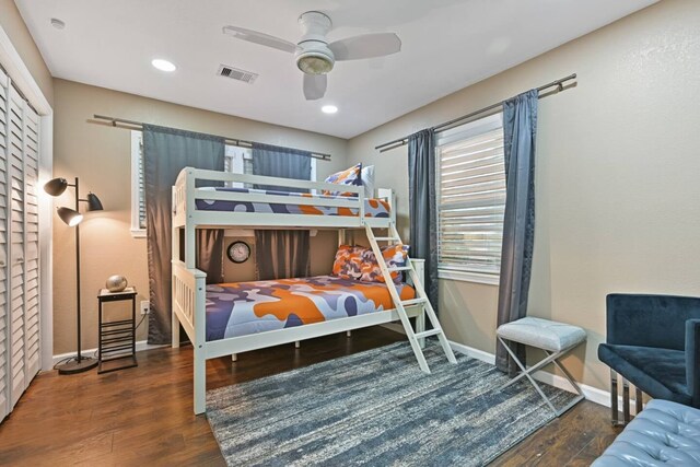 2402 Pine St, Galveston, TX 77551 - bedroom featuring wood finished floors, baseboards, ceiling fan, and recessed lighting