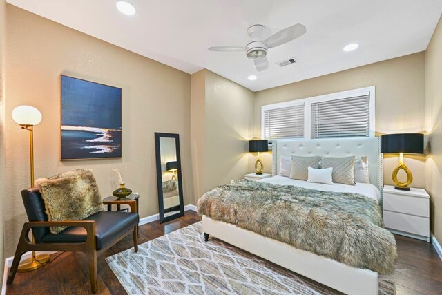 2402 Pine St, Galveston, TX 77551 - bedroom featuring baseboards, recessed lighting, wood finished floors, and ceiling fan