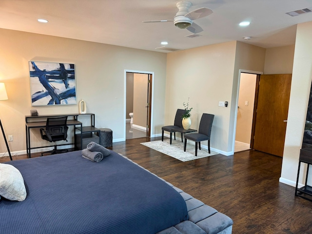 2402 Pine St, Galveston, TX 77551 - bedroom featuring wood finished floors, baseboards, recessed lighting, ceiling fan, and connected bathroom