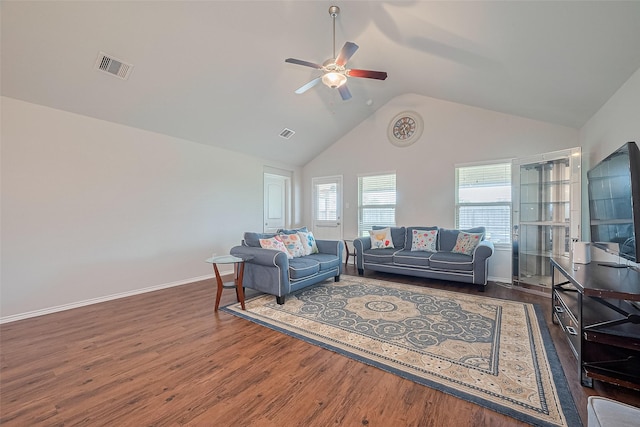21018 Whitehaven Bluff Trl, Katy, TX 77449 - living room with ceiling fan, wood finished floors, baseboards, and high vaulted ceiling