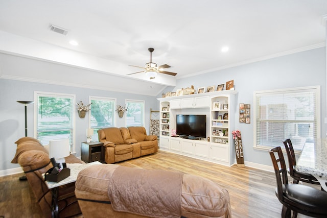 120 Brazos River Rd Unit 400, Freeport, TX 77541 - living room featuring light wood-type flooring, a ceiling fan, crown molding, and recessed lighting