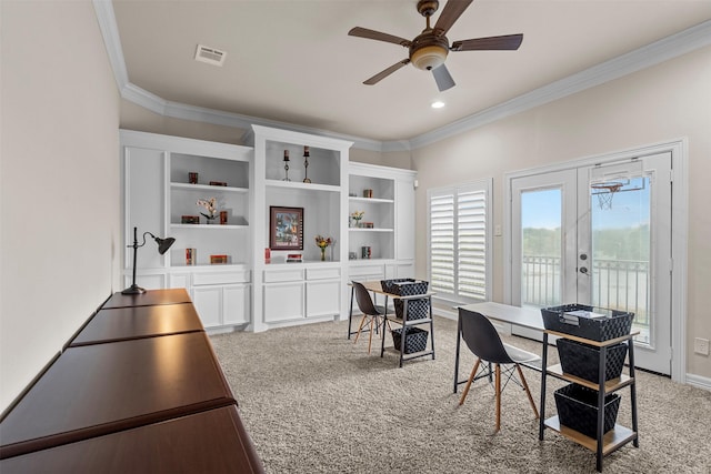 9030 Royal Crest Ln, Richmond, TX 77469 - home office with crown molding, light carpet, ceiling fan, and french doors