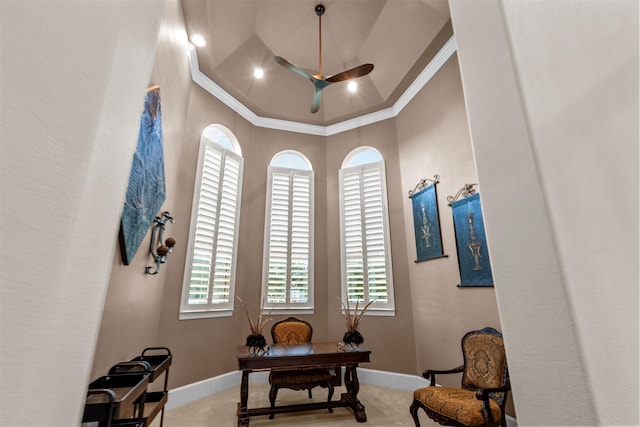 9030 Royal Crest Ln, Richmond, TX 77469 - office with healthy amount of natural light, a ceiling fan, ornamental molding, and a tray ceiling