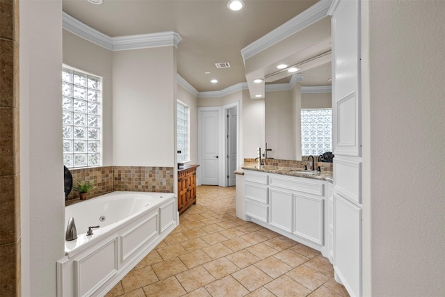9030 Royal Crest Ln, Richmond, TX 77469 - bathroom with vanity, recessed lighting, a whirlpool tub, and ornamental molding