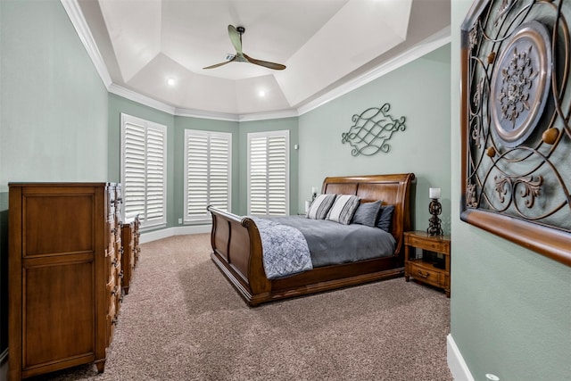 9030 Royal Crest Ln, Richmond, TX 77469 - carpeted bedroom with crown molding, lofted ceiling, a ceiling fan, and a raised ceiling