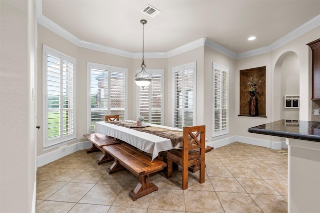 9030 Royal Crest Ln, Richmond, TX 77469 - dining space featuring crown molding, light tile patterned flooring, and recessed lighting