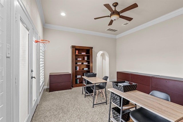 9030 Royal Crest Ln, Richmond, TX 77469 - office featuring crown molding, ceiling fan, light colored carpet, and arched walkways