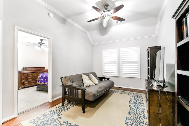 2911 Fair Chase Dr, Katy, TX 77494 - sitting room featuring ornamental molding, a ceiling fan, lofted ceiling, light wood-type flooring, and baseboards