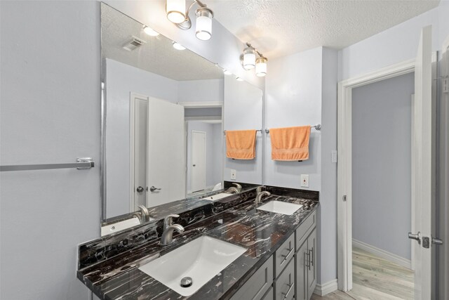 15119 Plaza Libre Dr, Houston, TX 77083 - bathroom with double vanity, a textured ceiling, wood finished floors, and baseboards