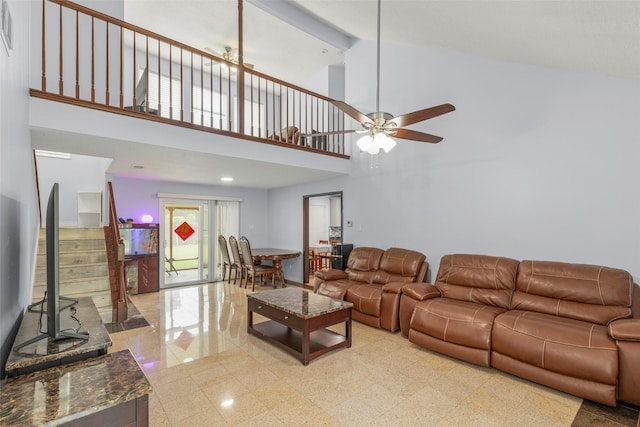 15119 Plaza Libre Dr, Houston, TX 77083 - living area with a ceiling fan, a high ceiling, and stairway
