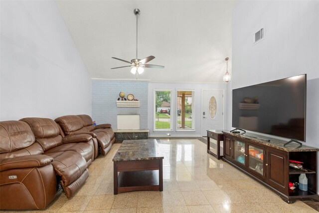 15119 Plaza Libre Dr, Houston, TX 77083 - living area with ceiling fan, high vaulted ceiling, and granite floors
