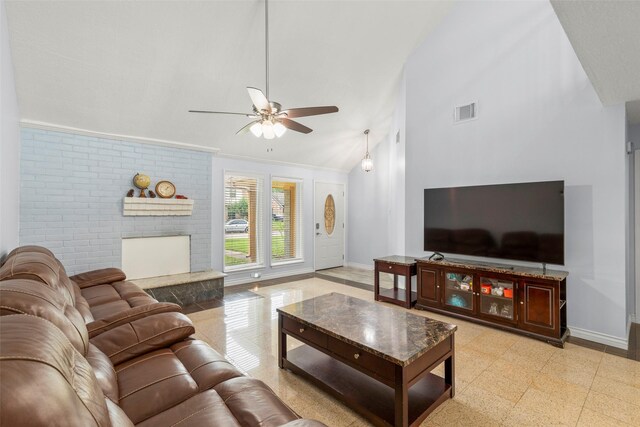 15119 Plaza Libre Dr, Houston, TX 77083 - living area featuring baseboards, ceiling fan, and high vaulted ceiling
