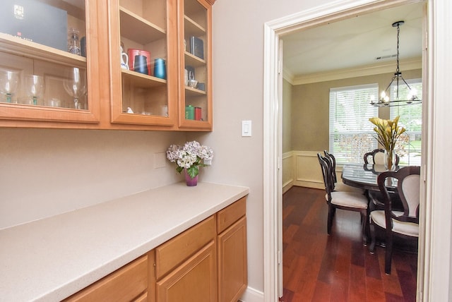 7111 Morrow Ct, Sugar Land, TX 77479 - office space with dark wood finished floors, crown molding, a chandelier, and a wainscoted wall