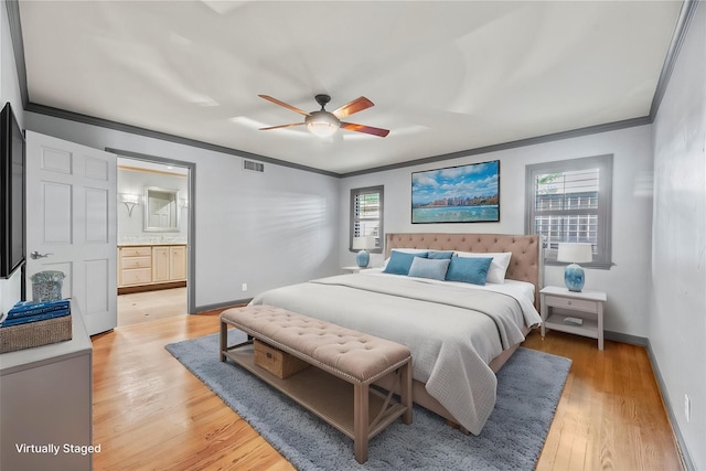 12214 Cobblestone Dr, Houston, TX 77024 - bedroom featuring ornamental molding, light wood-style flooring, baseboards, ensuite bathroom, and ceiling fan