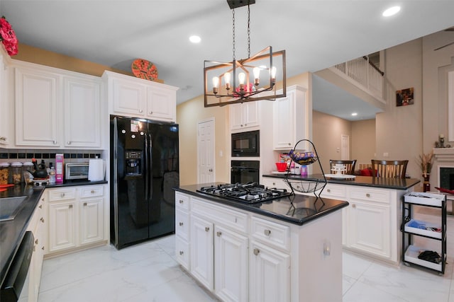 12427 Shadycrest Dr, Houston, TX 77082 - kitchen featuring black appliances, dark countertops, light marble finish flooring, and recessed lighting