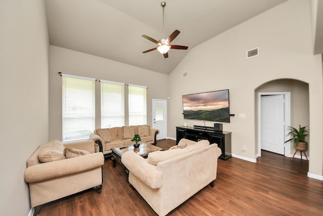 24739 Lorenzo Glaze Trl, Katy, TX 77493 - living room with a ceiling fan, high vaulted ceiling, wood finished floors, baseboards, and arched walkways