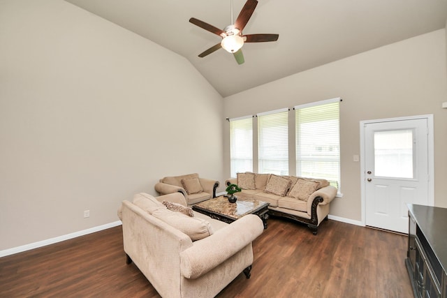 24739 Lorenzo Glaze Trl, Katy, TX 77493 - living room featuring a ceiling fan, lofted ceiling, baseboards, and dark wood-type flooring