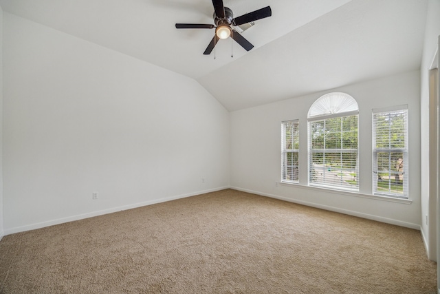 26402 Larkspur Ridge Dr, Katy, TX 77494 - empty room featuring carpet floors, baseboards, ceiling fan, and lofted ceiling