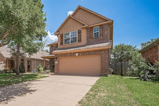 24523 Carlton Springs Ln, Katy, TX 77494 - view of front facade with board and batten siding, an attached garage, brick siding, and concrete driveway