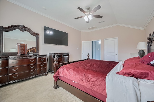 1911 Cadbury Castle Ln, Fresno, TX 77545 - bedroom featuring light carpet, lofted ceiling, ornamental molding, and a ceiling fan