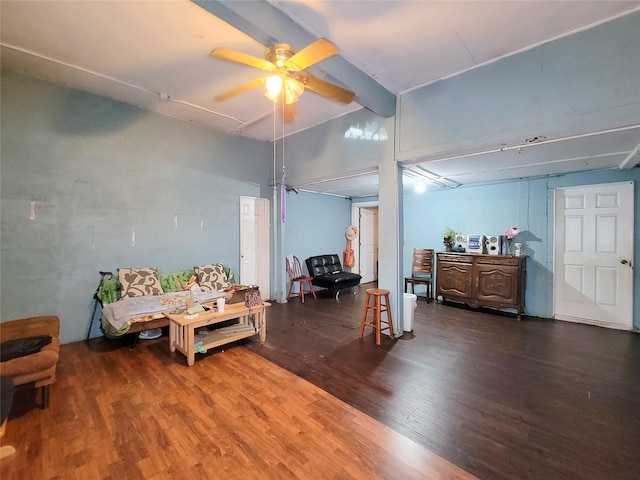 418 Bishop St, Houston, TX 77009 - living room featuring wood finished floors, ceiling fan, and beam ceiling