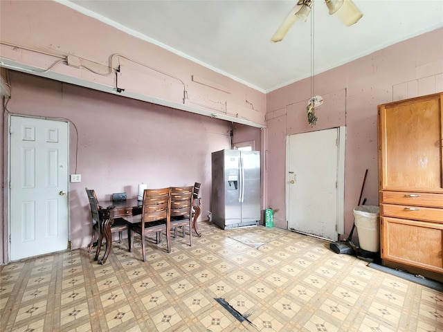 418 Bishop St, Houston, TX 77009 - dining area with light flooring, ceiling fan, and ornamental molding