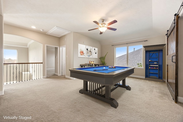 20522 Saddleback Chase Ln, Cypress, TX 77433 - playroom featuring a barn door, attic access, light carpet, a ceiling fan, and baseboards