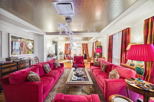 511 S Post Oak Ln Unit 6D, Houston, TX 77056 - living room with ornamental molding, wood finished floors, and a tray ceiling