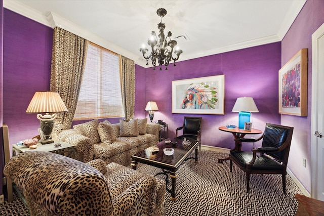 511 S Post Oak Ln Unit 6D, Houston, TX 77056 - carpeted living area with baseboards, a chandelier, and crown molding