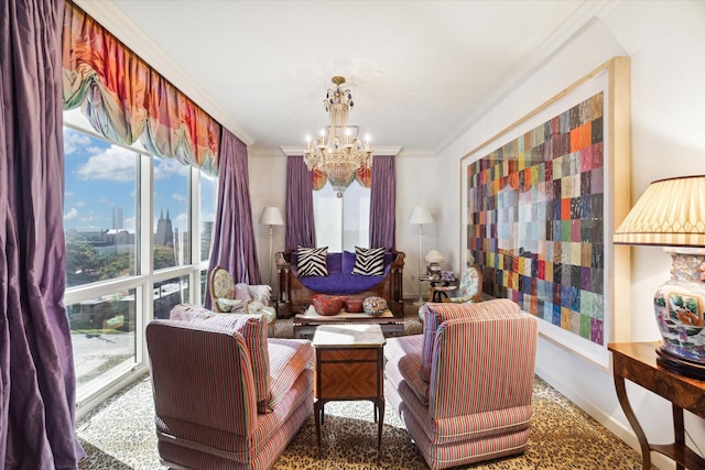 511 S Post Oak Ln Unit 6D, Houston, TX 77056 - sitting room featuring a chandelier, ornamental molding, healthy amount of natural light, and baseboards