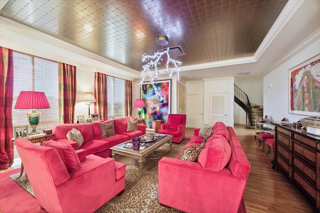 511 S Post Oak Ln Unit 6D, Houston, TX 77056 - living room with a tray ceiling, crown molding, wood finished floors, and stairway