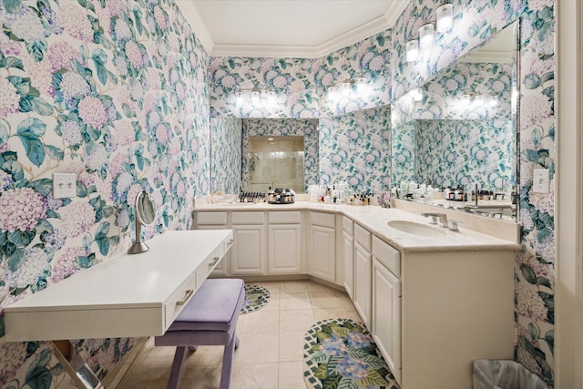 511 S Post Oak Ln Unit 6D, Houston, TX 77056 - full bath with wallpapered walls, ornamental molding, double vanity, tile patterned floors, and a shower