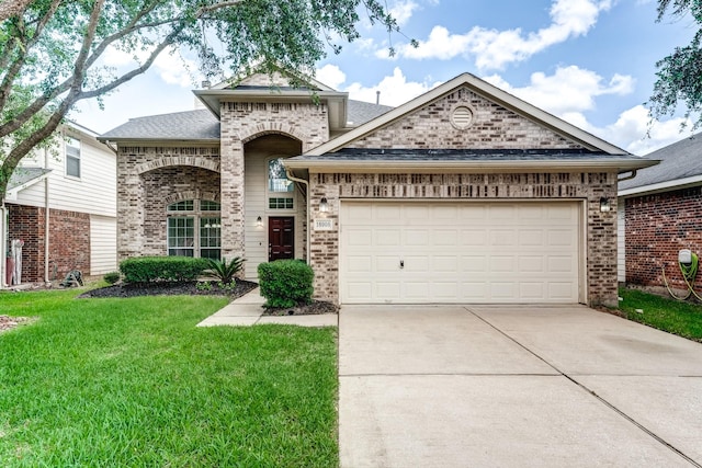 16906 Shoal Park Dr, Cypress, TX 77429 - french country inspired facade featuring brick siding, driveway, a front lawn, and an attached garage