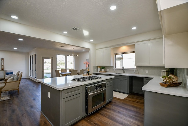 6014 Franz Ct, Katy, TX 77493 - kitchen featuring stainless steel appliances, a sink, open floor plan, light countertops, and dark wood-style flooring