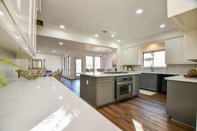 6014 Franz Ct, Katy, TX 77493 - kitchen with oven, open floor plan, dark wood-style flooring, healthy amount of natural light, and recessed lighting