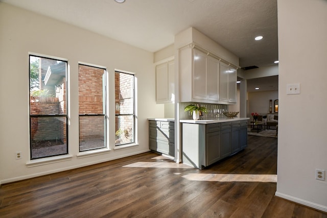 6014 Franz Ct, Katy, TX 77493 - kitchen with light countertops, dark wood-type flooring, recessed lighting, gray cabinetry, and baseboards