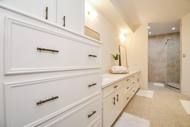 6014 Franz Ct, Katy, TX 77493 - full bath featuring double vanity, walk in shower, tile patterned flooring, and recessed lighting