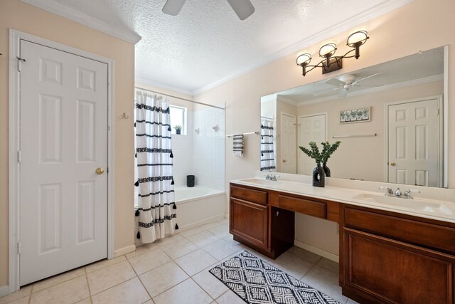 4309 Kingfish Dr, Seabrook, TX 77586 - full bathroom with a ceiling fan, shower / bath combo with shower curtain, double vanity, tile patterned flooring, and crown molding