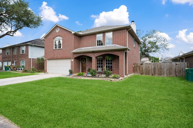 4309 Kingfish Dr, Seabrook, TX 77586 - view of front facade with a garage, brick siding, concrete driveway, a chimney, and a porch