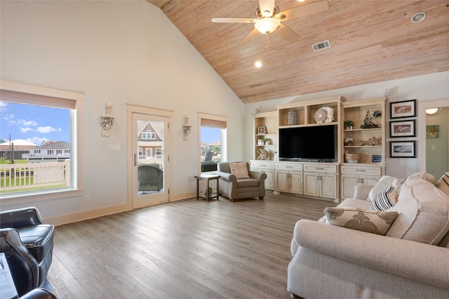 2585 Tide Dr, Crystal Beach, TX 77650 - living room with wood ceiling, high vaulted ceiling, ceiling fan, wood finished floors, and recessed lighting